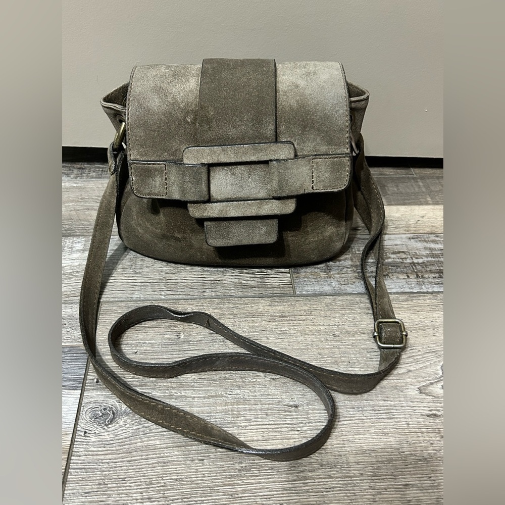 Sundance Grey Taupe Leather suede Crossbody Bag purse Made in Italy